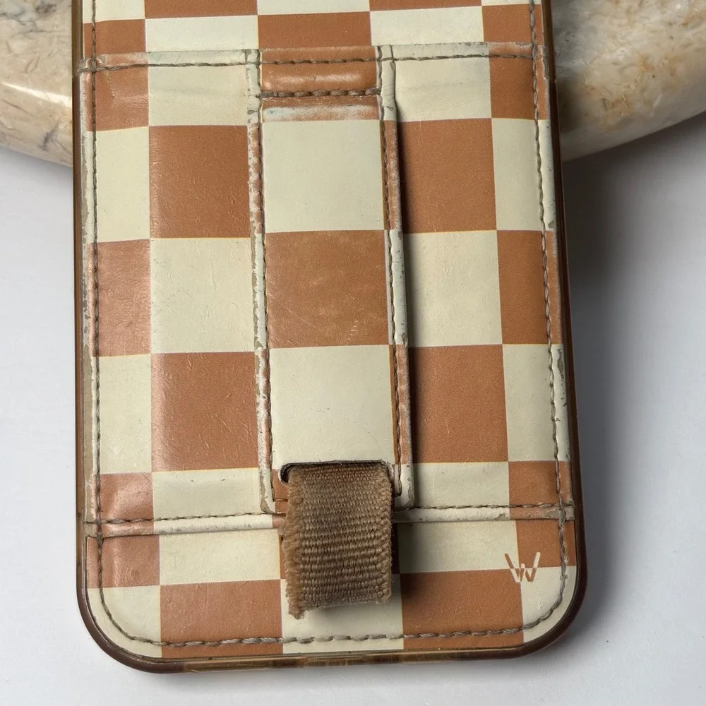 Walli iPhone‎ 12 Pro Max Case Tan Cream Checkered Strap Card Slot